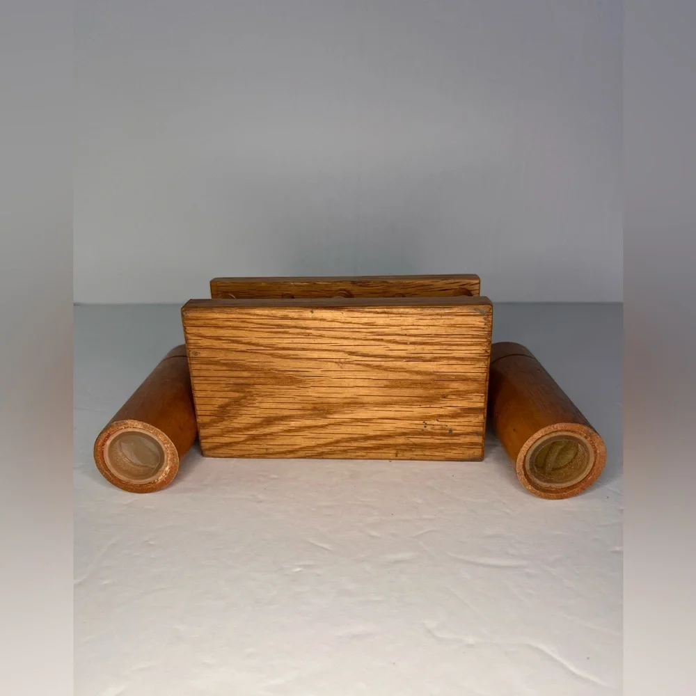 Vintage Wood Salt & Pepper Shaker Set with Holder Rubber Stoppers.‎